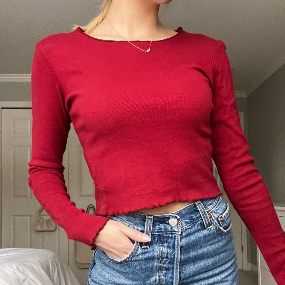 Brandy Melville Red Long-sleeve with Lettuce Edge